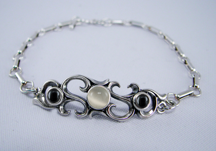 Sterling Silver Filigree Bracelet With White Moonstone And Hematite